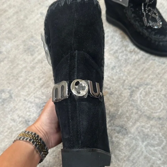 Mou brand- Black Suede Women's Boots with Rhinestone Detail - wedge heel inside - Picture 5 of 8